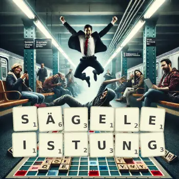 Kreative Illustration für ein Scrabble-Spiel, bei dem das Wort SÄGELEISTUNG mit Steinen auf dem Brett gelegt wurde.
