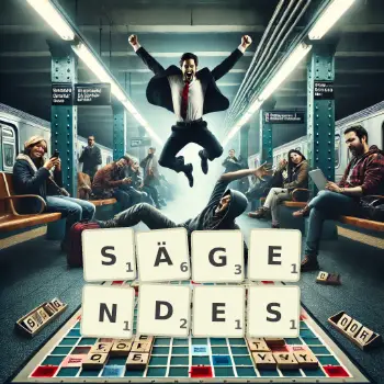 Kreative Illustration für ein Scrabble-Spiel, bei dem das Wort SÄGENDES mit Steinen auf dem Brett gelegt wurde.