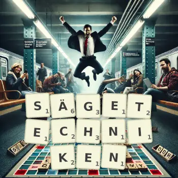 Kreative Illustration für ein Scrabble-Spiel, bei dem das Wort SÄGETECHNIKEN mit Steinen auf dem Brett gelegt wurde.