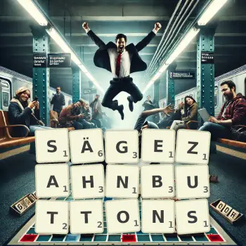 Kreative Illustration für ein Scrabble-Spiel, bei dem das Wort SÄGEZAHNBUTTONS mit Steinen auf dem Brett gelegt wurde.