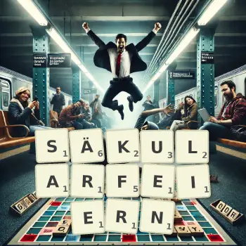 Kreative Illustration für ein Scrabble-Spiel, bei dem das Wort SÄKULARFEIERN mit Steinen auf dem Brett gelegt wurde.