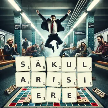 Kreative Illustration für ein Scrabble-Spiel, bei dem das Wort SÄKULARISIERE mit Steinen auf dem Brett gelegt wurde.