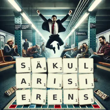 Kreative Illustration für ein Scrabble-Spiel, bei dem das Wort SÄKULARISIERENS mit Steinen auf dem Brett gelegt wurde.