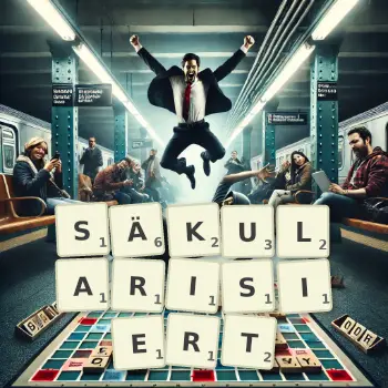 Kreative Illustration für ein Scrabble-Spiel, bei dem das Wort SÄKULARISIERT mit Steinen auf dem Brett gelegt wurde.