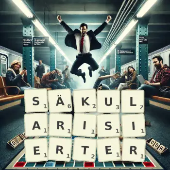 Kreative Illustration für ein Scrabble-Spiel, bei dem das Wort SÄKULARISIERTER mit Steinen auf dem Brett gelegt wurde.