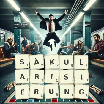 Kreative Illustration für ein Scrabble-Spiel, bei dem das Wort SÄKULARISIERUNG mit Steinen auf dem Brett gelegt wurde.