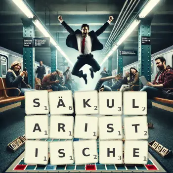 Kreative Illustration für ein Scrabble-Spiel, bei dem das Wort SÄKULARISTISCHE mit Steinen auf dem Brett gelegt wurde.