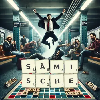 Kreative Illustration für ein Scrabble-Spiel, bei dem das Wort SÄMISCHE mit Steinen auf dem Brett gelegt wurde.