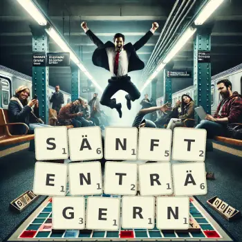 Kreative Illustration für ein Scrabble-Spiel, bei dem das Wort SÄNFTENTRÄGERN mit Steinen auf dem Brett gelegt wurde.