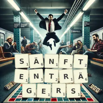 Kreative Illustration für ein Scrabble-Spiel, bei dem das Wort SÄNFTENTRÄGERS mit Steinen auf dem Brett gelegt wurde.