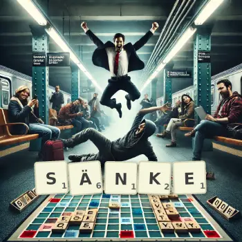 Kreative Illustration für ein Scrabble-Spiel, bei dem das Wort SÄNKE mit Steinen auf dem Brett gelegt wurde.