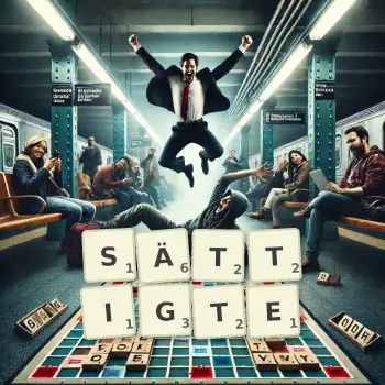 Kreative Illustration für ein Scrabble-Spiel, bei dem das Wort SÄTTIGTE mit Steinen auf dem Brett gelegt wurde.