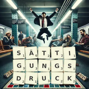 Kreative Illustration für ein Scrabble-Spiel, bei dem das Wort SÄTTIGUNGSDRUCK mit Steinen auf dem Brett gelegt wurde.