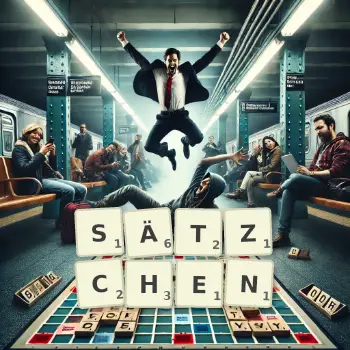 Kreative Illustration für ein Scrabble-Spiel, bei dem das Wort SÄTZCHEN mit Steinen auf dem Brett gelegt wurde.