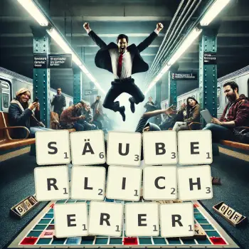 Kreative Illustration für ein Scrabble-Spiel, bei dem das Wort SÄUBERLICHERER mit Steinen auf dem Brett gelegt wurde.