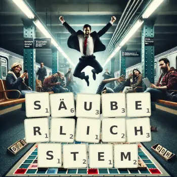 Kreative Illustration für ein Scrabble-Spiel, bei dem das Wort SÄUBERLICHSTEM mit Steinen auf dem Brett gelegt wurde.