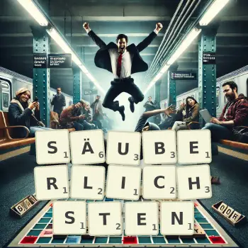 Kreative Illustration für ein Scrabble-Spiel, bei dem das Wort SÄUBERLICHSTEN mit Steinen auf dem Brett gelegt wurde.