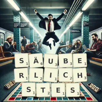 Kreative Illustration für ein Scrabble-Spiel, bei dem das Wort SÄUBERLICHSTES mit Steinen auf dem Brett gelegt wurde.
