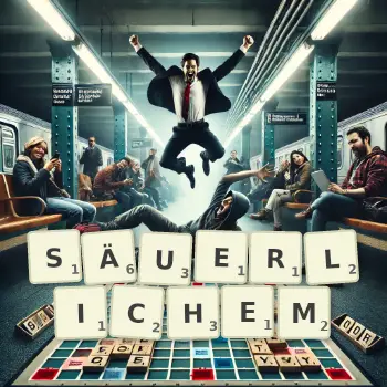Kreative Illustration für ein Scrabble-Spiel, bei dem das Wort SÄUERLICHEM mit Steinen auf dem Brett gelegt wurde.