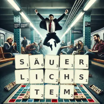 Kreative Illustration für ein Scrabble-Spiel, bei dem das Wort SÄUERLICHSTEM mit Steinen auf dem Brett gelegt wurde.