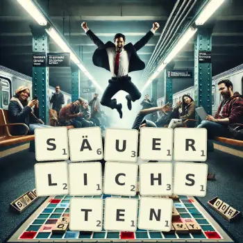 Kreative Illustration für ein Scrabble-Spiel, bei dem das Wort SÄUERLICHSTEN mit Steinen auf dem Brett gelegt wurde.