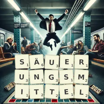 Kreative Illustration für ein Scrabble-Spiel, bei dem das Wort SÄUERUNGSMITTEL mit Steinen auf dem Brett gelegt wurde.