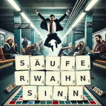Kreative Illustration für ein Scrabble-Spiel, bei dem das Wort SÄUFERWAHNSINN mit Steinen auf dem Brett gelegt wurde.