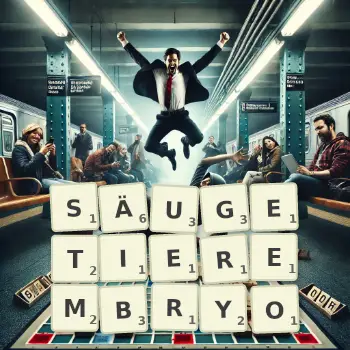 Kreative Illustration für ein Scrabble-Spiel, bei dem das Wort SÄUGETIEREMBRYO mit Steinen auf dem Brett gelegt wurde.