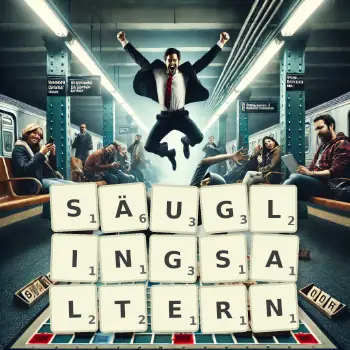 Kreative Illustration für ein Scrabble-Spiel, bei dem das Wort SÄUGLINGSALTERN mit Steinen auf dem Brett gelegt wurde.