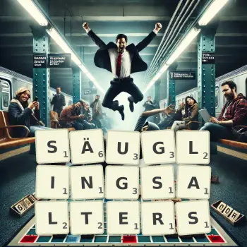 Kreative Illustration für ein Scrabble-Spiel, bei dem das Wort SÄUGLINGSALTERS mit Steinen auf dem Brett gelegt wurde.