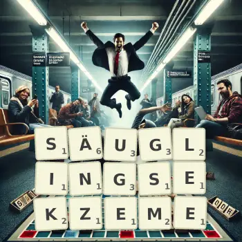 Kreative Illustration für ein Scrabble-Spiel, bei dem das Wort SÄUGLINGSEKZEME mit Steinen auf dem Brett gelegt wurde.
