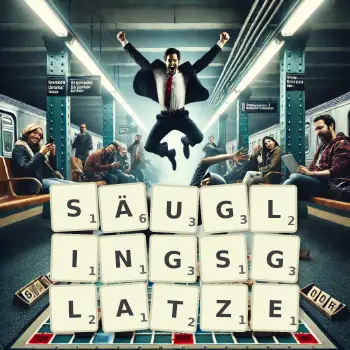 Kreative Illustration für ein Scrabble-Spiel, bei dem das Wort SÄUGLINGSGLATZE mit Steinen auf dem Brett gelegt wurde.
