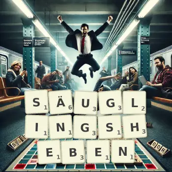 Kreative Illustration für ein Scrabble-Spiel, bei dem das Wort SÄUGLINGSHEBEN mit Steinen auf dem Brett gelegt wurde.