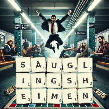 Kreative Illustration für ein Scrabble-Spiel, bei dem das Wort SÄUGLINGSHEIMEN mit Steinen auf dem Brett gelegt wurde.