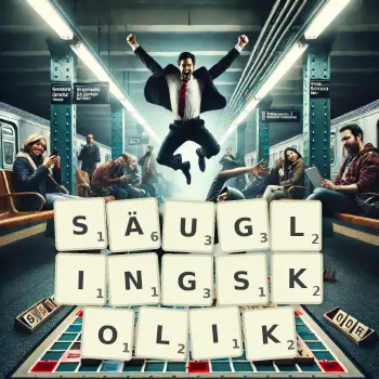 Kreative Illustration für ein Scrabble-Spiel, bei dem das Wort SÄUGLINGSKOLIK mit Steinen auf dem Brett gelegt wurde.