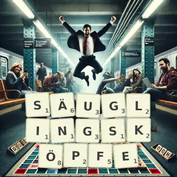 Kreative Illustration für ein Scrabble-Spiel, bei dem das Wort SÄUGLINGSKÖPFE mit Steinen auf dem Brett gelegt wurde.