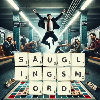 Kreative Illustration für ein Scrabble-Spiel, bei dem das Wort SÄUGLINGSMORD mit Steinen auf dem Brett gelegt wurde.