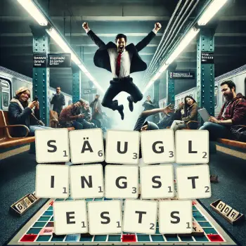 Kreative Illustration für ein Scrabble-Spiel, bei dem das Wort SÄUGLINGSTESTS mit Steinen auf dem Brett gelegt wurde.