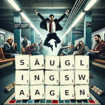 Kreative Illustration für ein Scrabble-Spiel, bei dem das Wort SÄUGLINGSWAAGEN mit Steinen auf dem Brett gelegt wurde.
