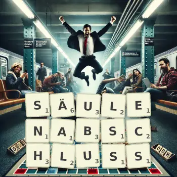 Kreative Illustration für ein Scrabble-Spiel, bei dem das Wort SÄULENABSCHLUSS mit Steinen auf dem Brett gelegt wurde.