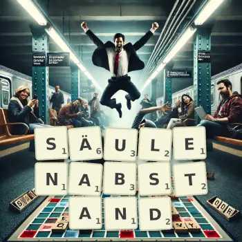 Kreative Illustration für ein Scrabble-Spiel, bei dem das Wort SÄULENABSTAND mit Steinen auf dem Brett gelegt wurde.