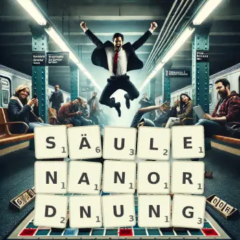 Kreative Illustration für ein Scrabble-Spiel, bei dem das Wort SÄULENANORDNUNG mit Steinen auf dem Brett gelegt wurde.