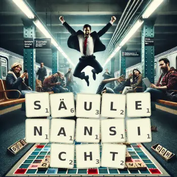 Kreative Illustration für ein Scrabble-Spiel, bei dem das Wort SÄULENANSICHT mit Steinen auf dem Brett gelegt wurde.