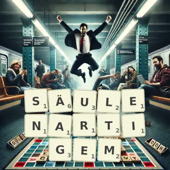 Kreative Illustration für ein Scrabble-Spiel, bei dem das Wort SÄULENARTIGEM mit Steinen auf dem Brett gelegt wurde.