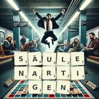 Kreative Illustration für ein Scrabble-Spiel, bei dem das Wort SÄULENARTIGEN mit Steinen auf dem Brett gelegt wurde.