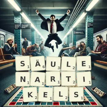 Kreative Illustration für ein Scrabble-Spiel, bei dem das Wort SÄULENARTIKELS mit Steinen auf dem Brett gelegt wurde.