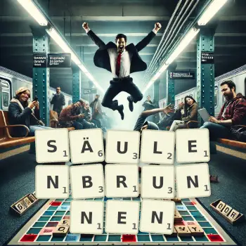 Kreative Illustration für ein Scrabble-Spiel, bei dem das Wort SÄULENBRUNNEN mit Steinen auf dem Brett gelegt wurde.