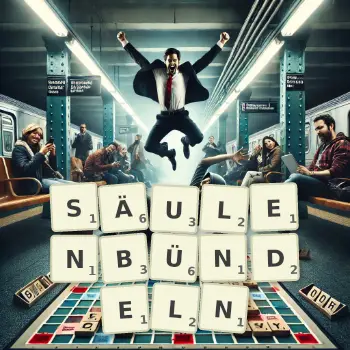 Kreative Illustration für ein Scrabble-Spiel, bei dem das Wort SÄULENBÜNDELN mit Steinen auf dem Brett gelegt wurde.