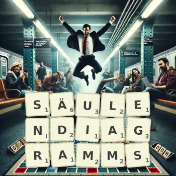 Kreative Illustration für ein Scrabble-Spiel, bei dem das Wort SÄULENDIAGRAMMS mit Steinen auf dem Brett gelegt wurde.