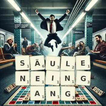 Kreative Illustration für ein Scrabble-Spiel, bei dem das Wort SÄULENEINGANG mit Steinen auf dem Brett gelegt wurde.